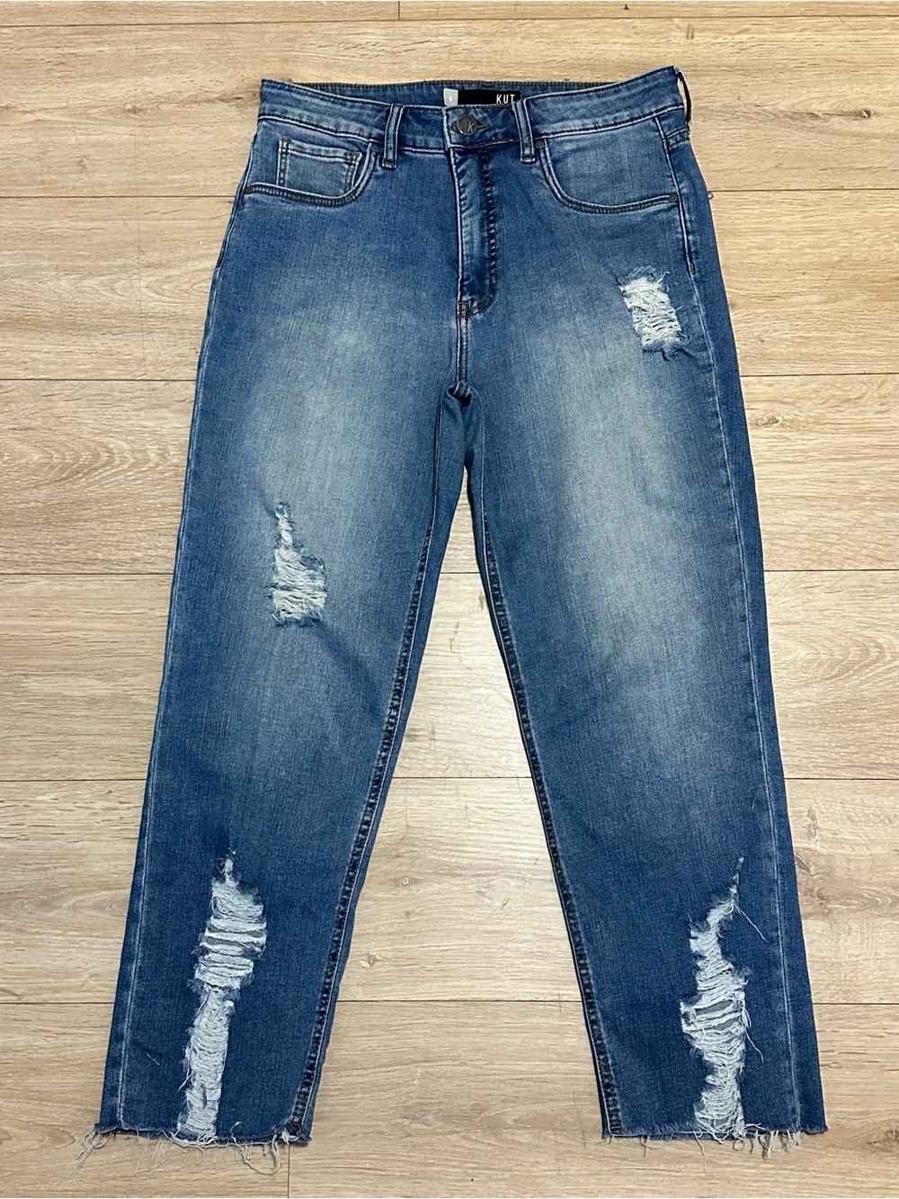 Kut Elizabeth High Rise Fab Ab Crop Straight Leg Jeans - Medium Blue Distressed